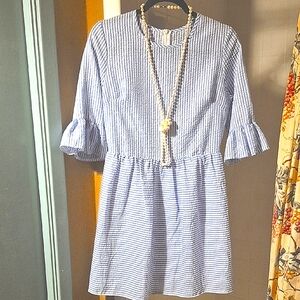 Blue Striped Dress with Ruffle Sleeves